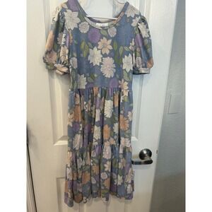 Dot Dot Smile Girls Floral Tiered Knit Dress Blue Purple Puff Sleeve 8/10 k7099